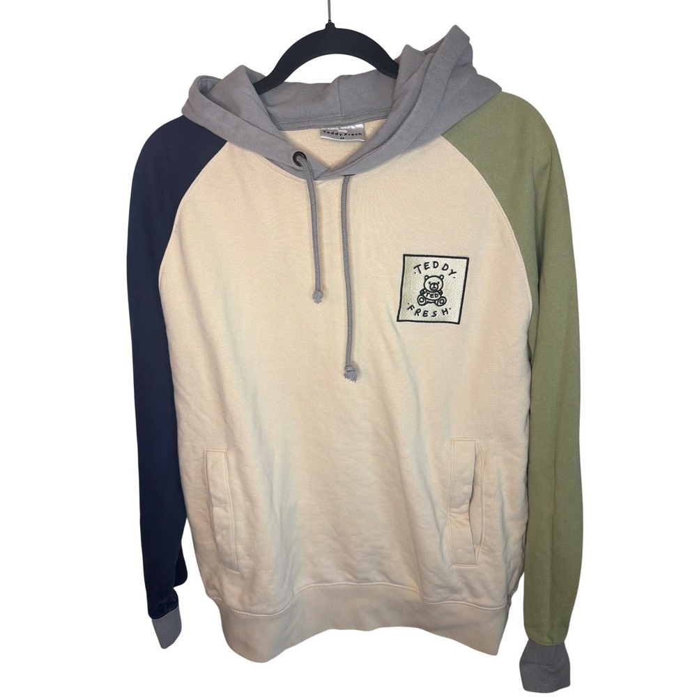 Teddy Fresh Colorblock Hoodie Mens Medium Cream Navy Sage Green Bear Logo Patch